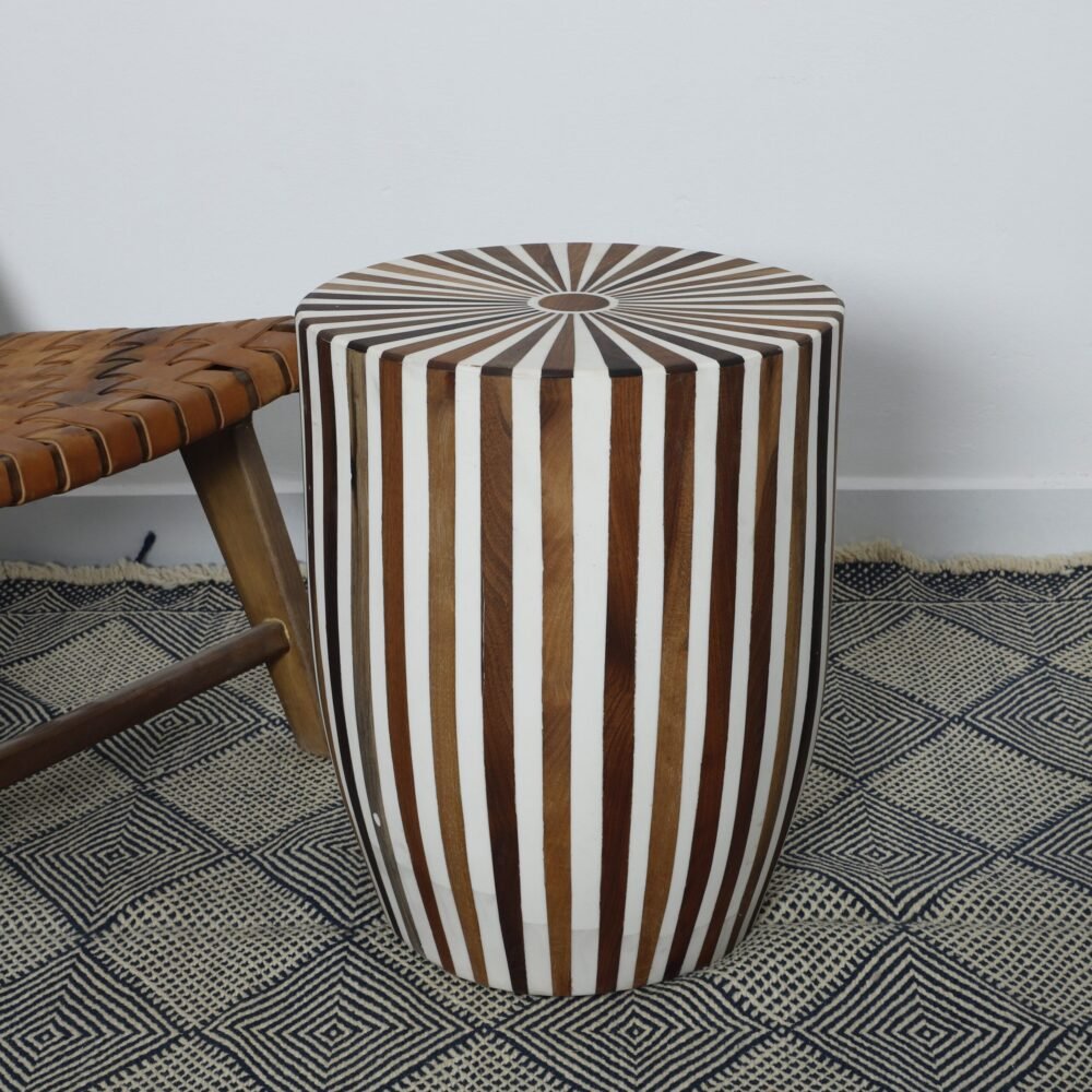 Handcrafted Geometric Striped Wooden Side Table