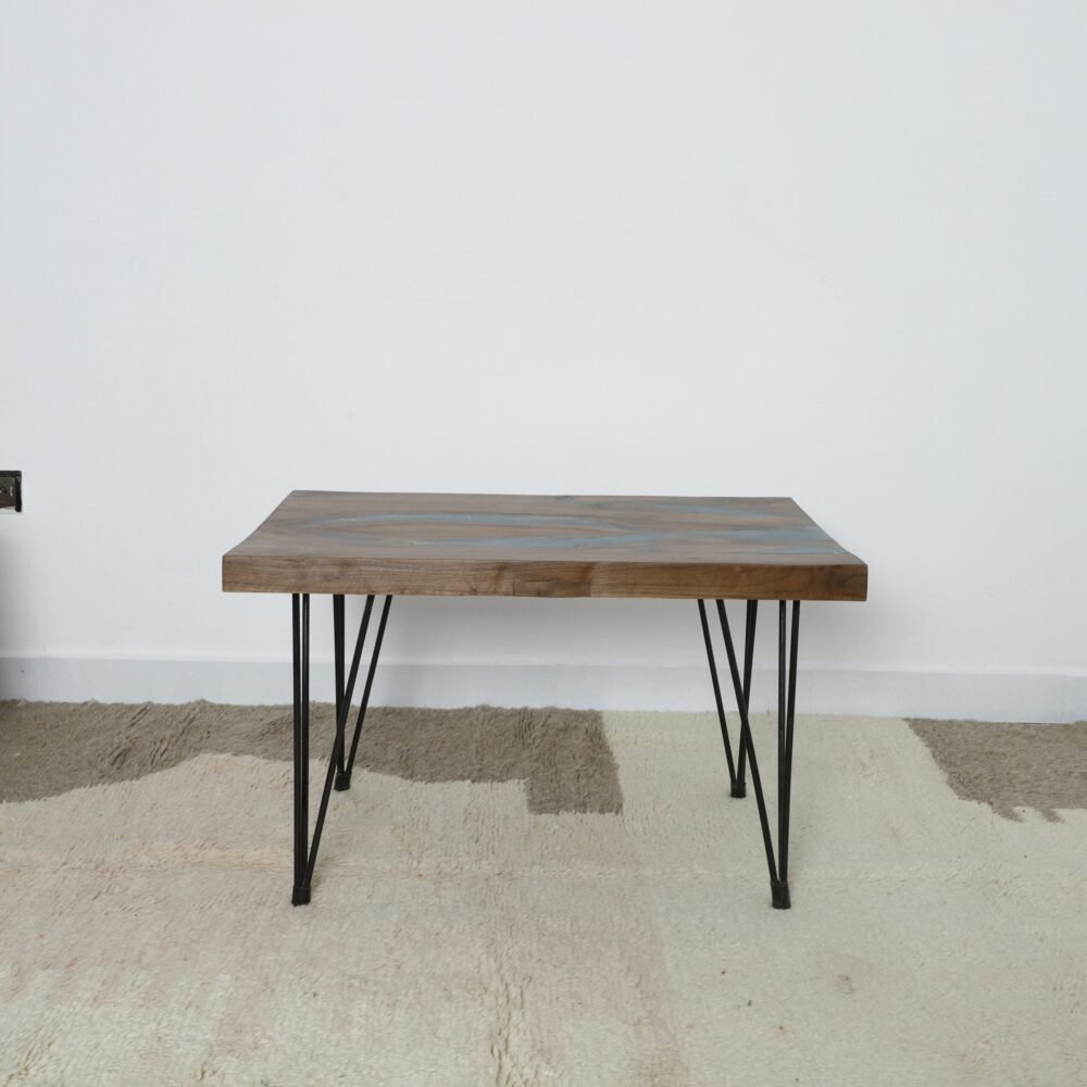 Handcrafted Wooden Table with Blue Epoxy Inlay
