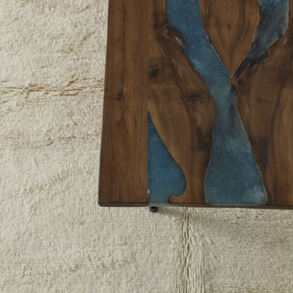 Handcrafted Wooden Table with Blue Epoxy Inlay - Image 2