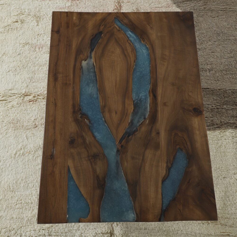Handcrafted Wooden Table with Blue Epoxy Inlay - Image 3