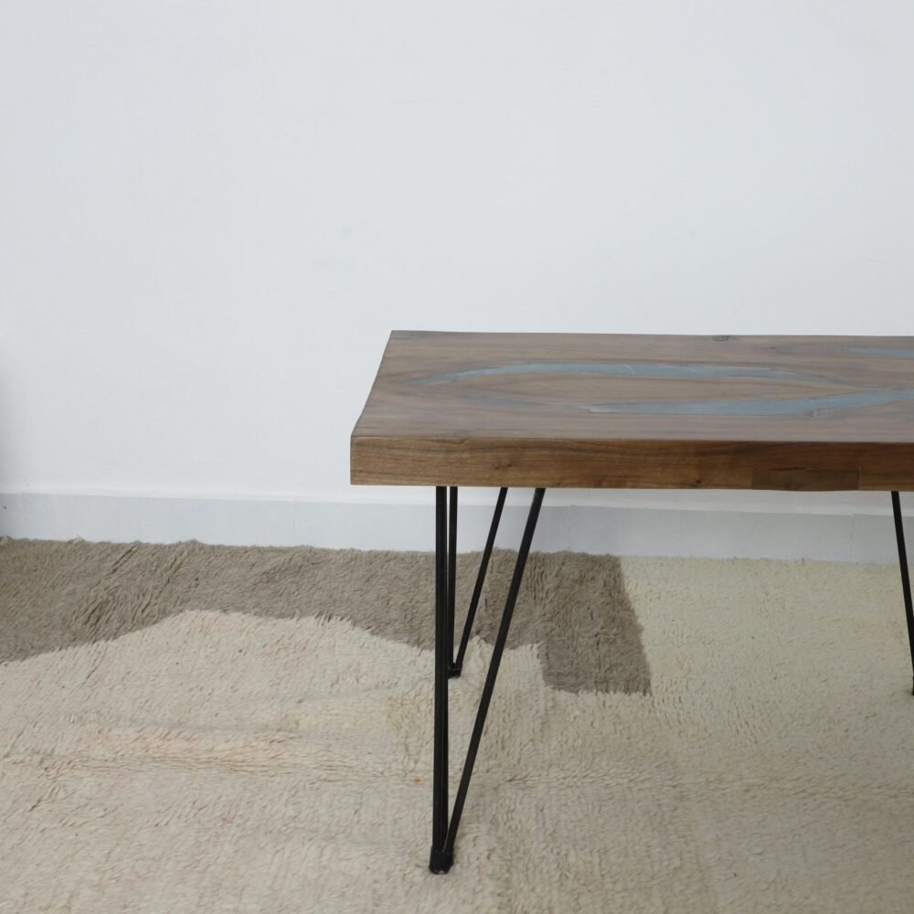 Handcrafted Wooden Table with Blue Epoxy Inlay - Image 4