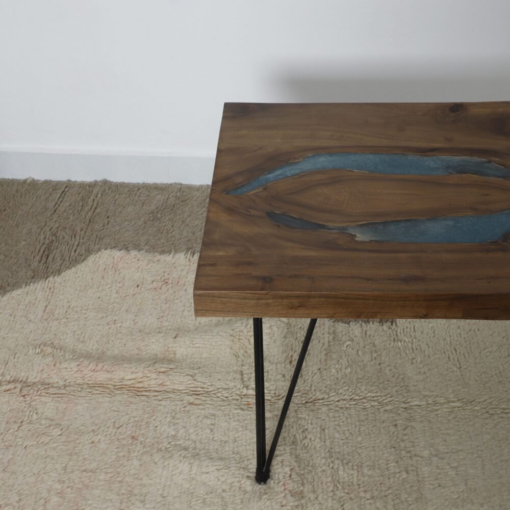 Handcrafted Wooden Table with Blue Epoxy Inlay - Image 5