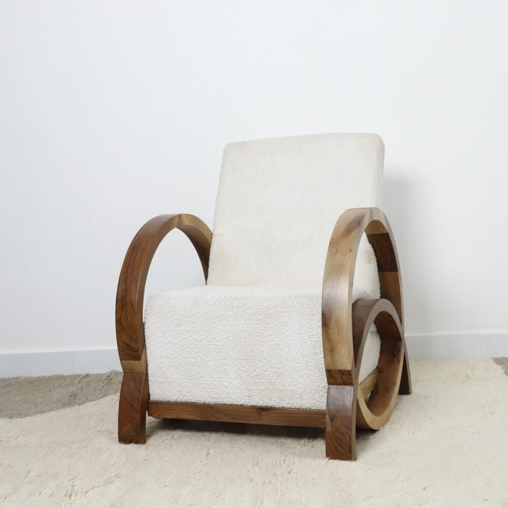 Handmade Bouclé Armchair – Modern Curved Wooden Lounge Chair