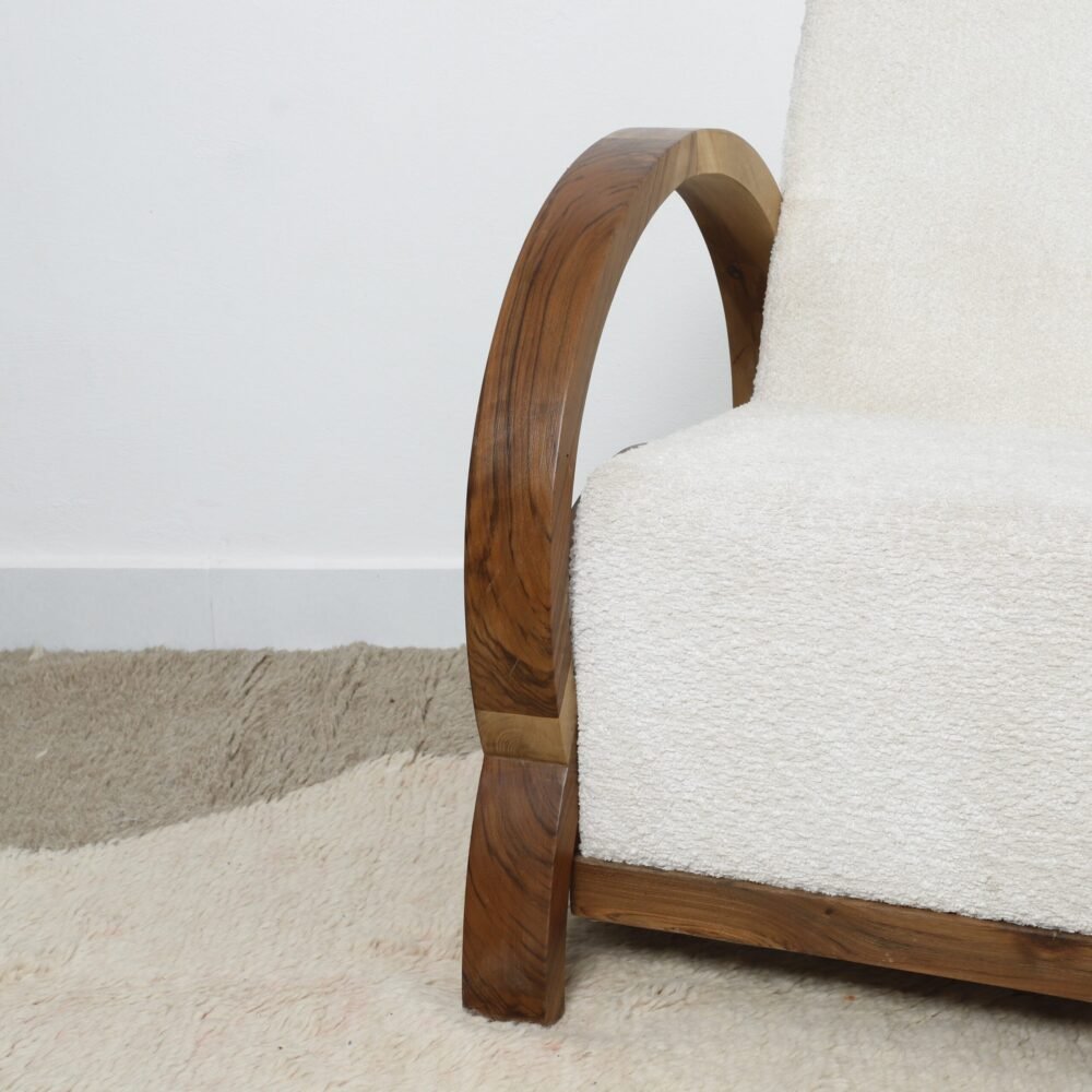 Handmade Bouclé Armchair – Modern Curved Wooden Lounge Chair - Image 2