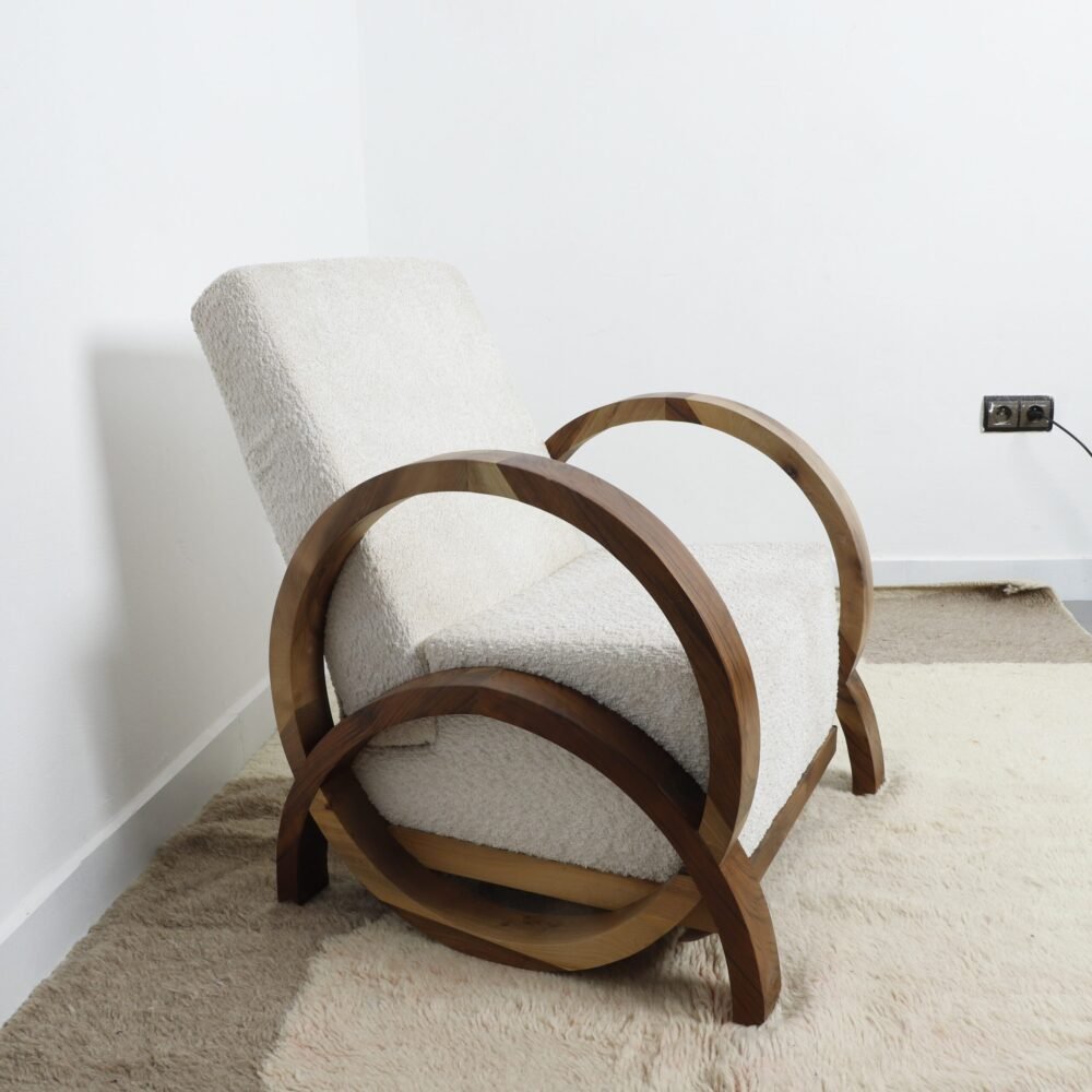 Handmade Bouclé Armchair – Modern Curved Wooden Lounge Chair - Image 3
