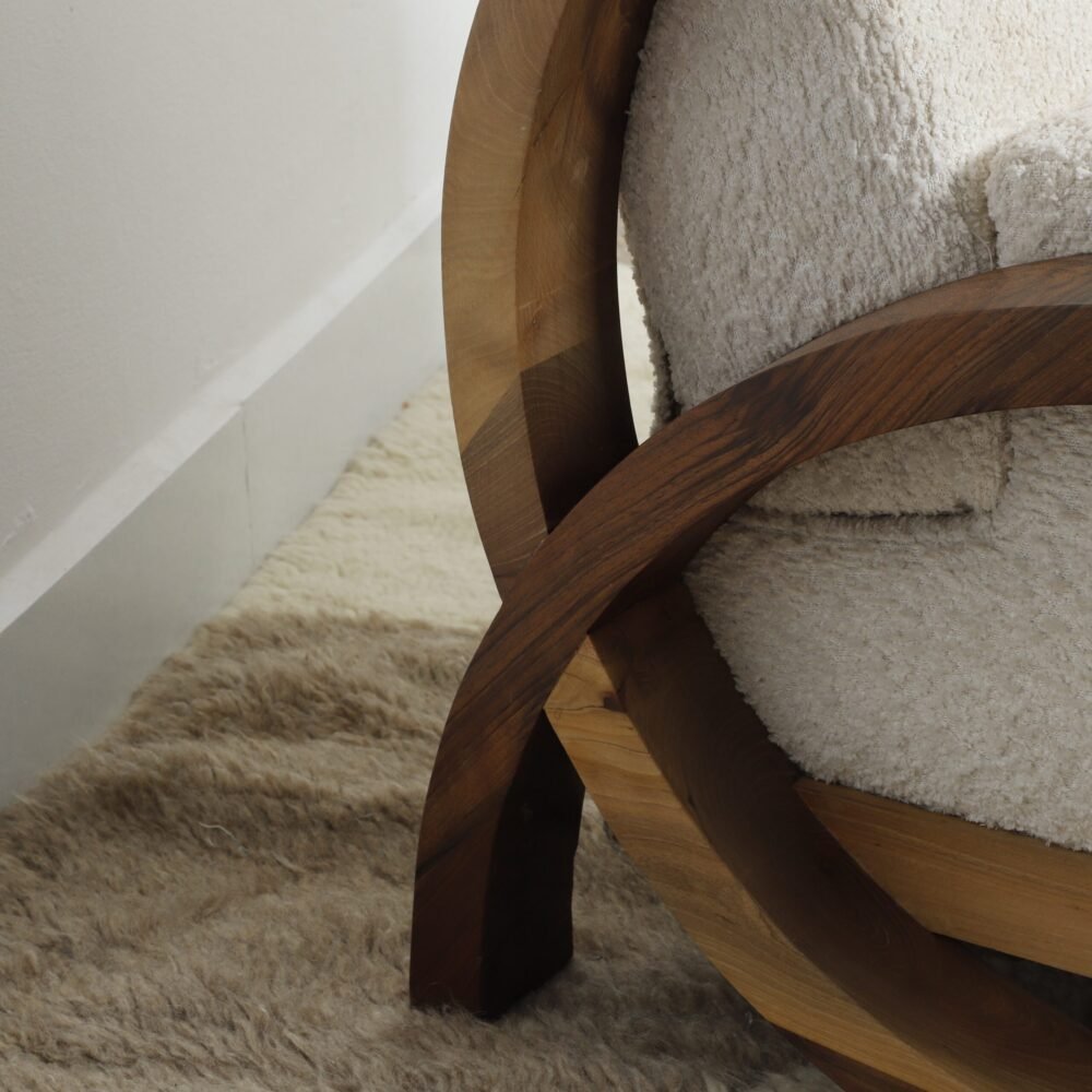 Handmade Bouclé Armchair – Modern Curved Wooden Lounge Chair - Image 4