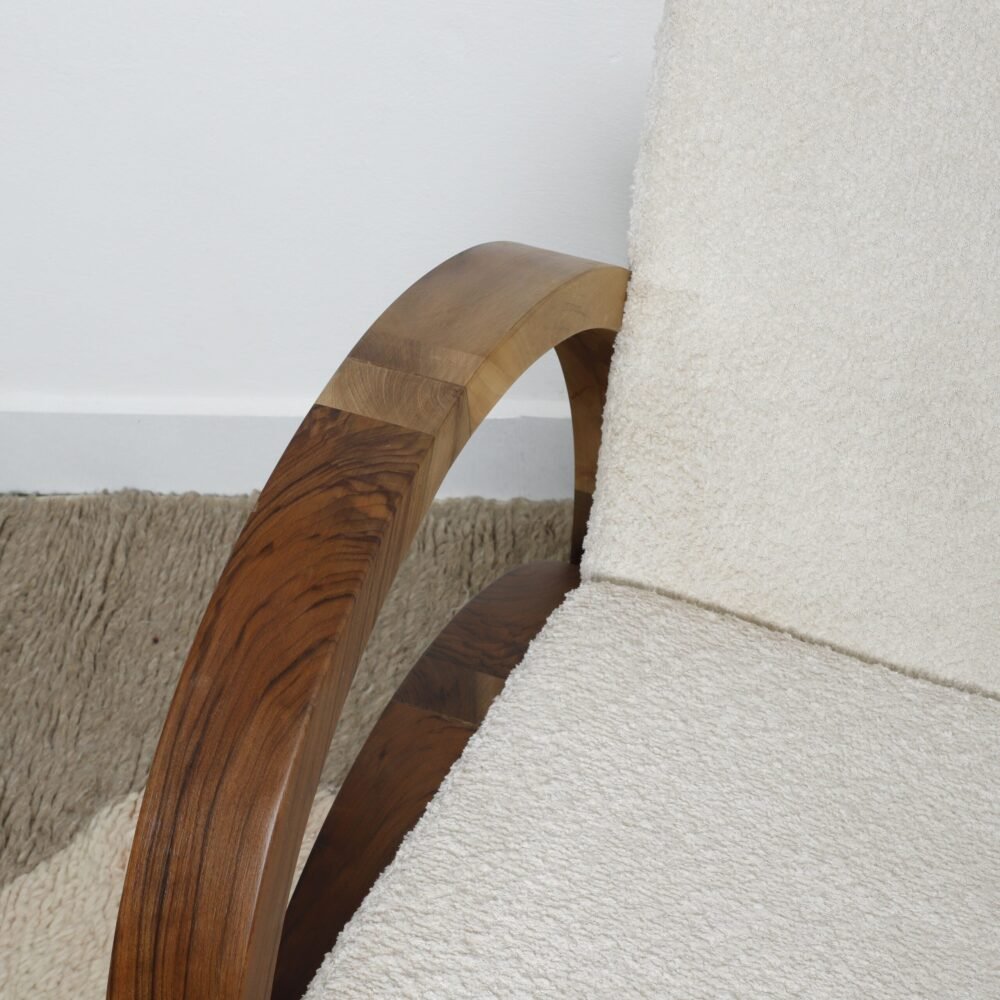 Handmade Bouclé Armchair – Modern Curved Wooden Lounge Chair - Image 6